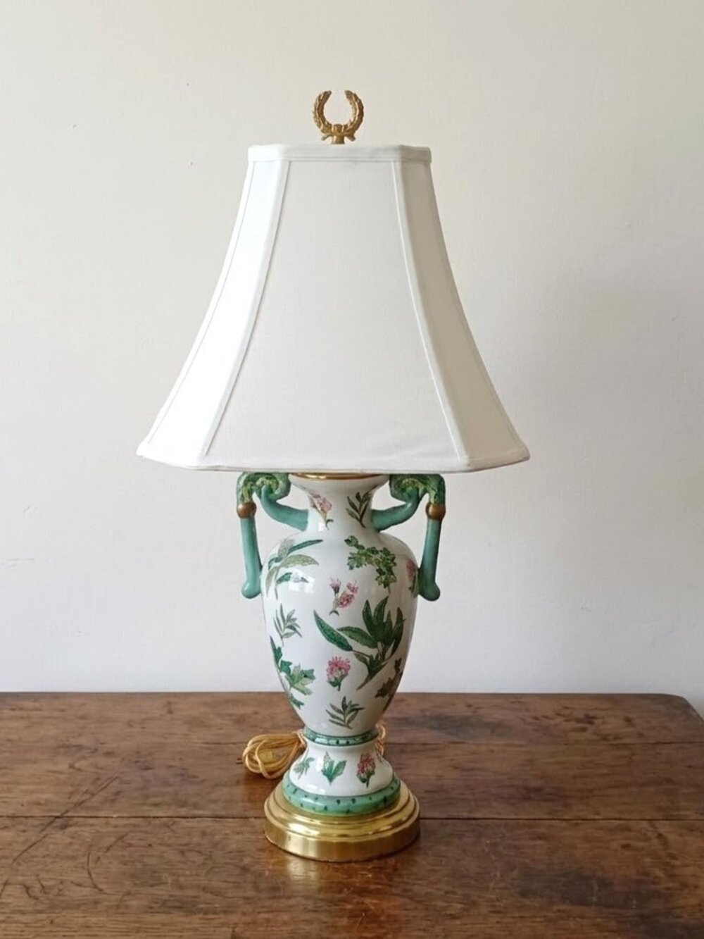 John Richard Vintage Ceramic Lamp Floral Botanical Green Scroll Handles & Shade